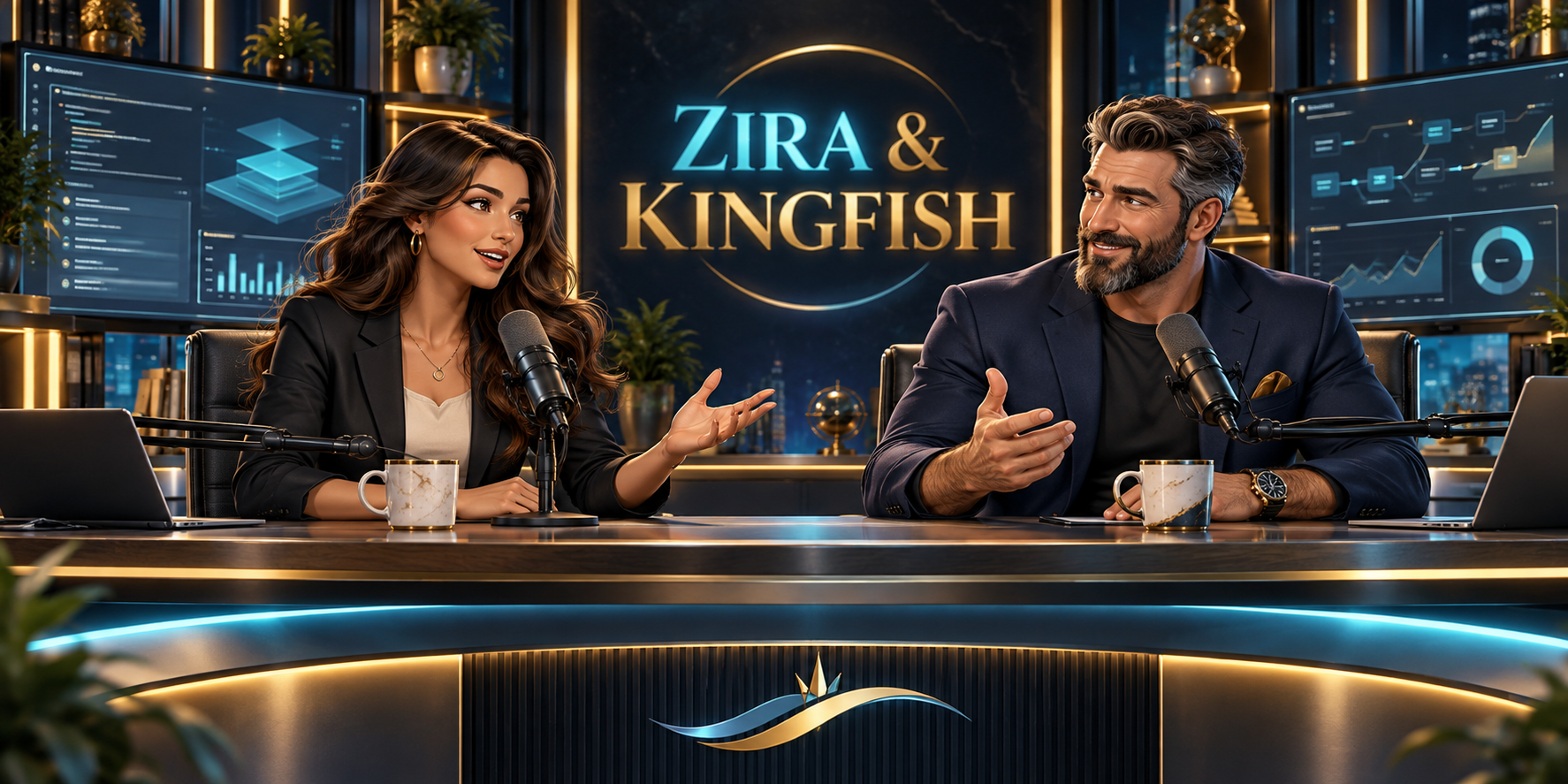Zira and KingFish seated at the KingFish Command Center media desk with coffee and microphones